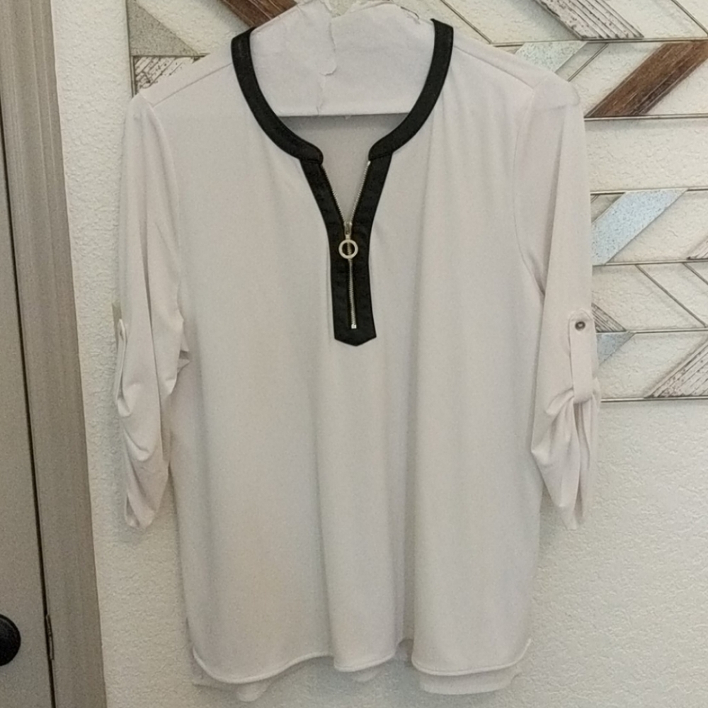Sleek White Top w/ Blk Faux Leather Trim, Gold-Tone Zipper